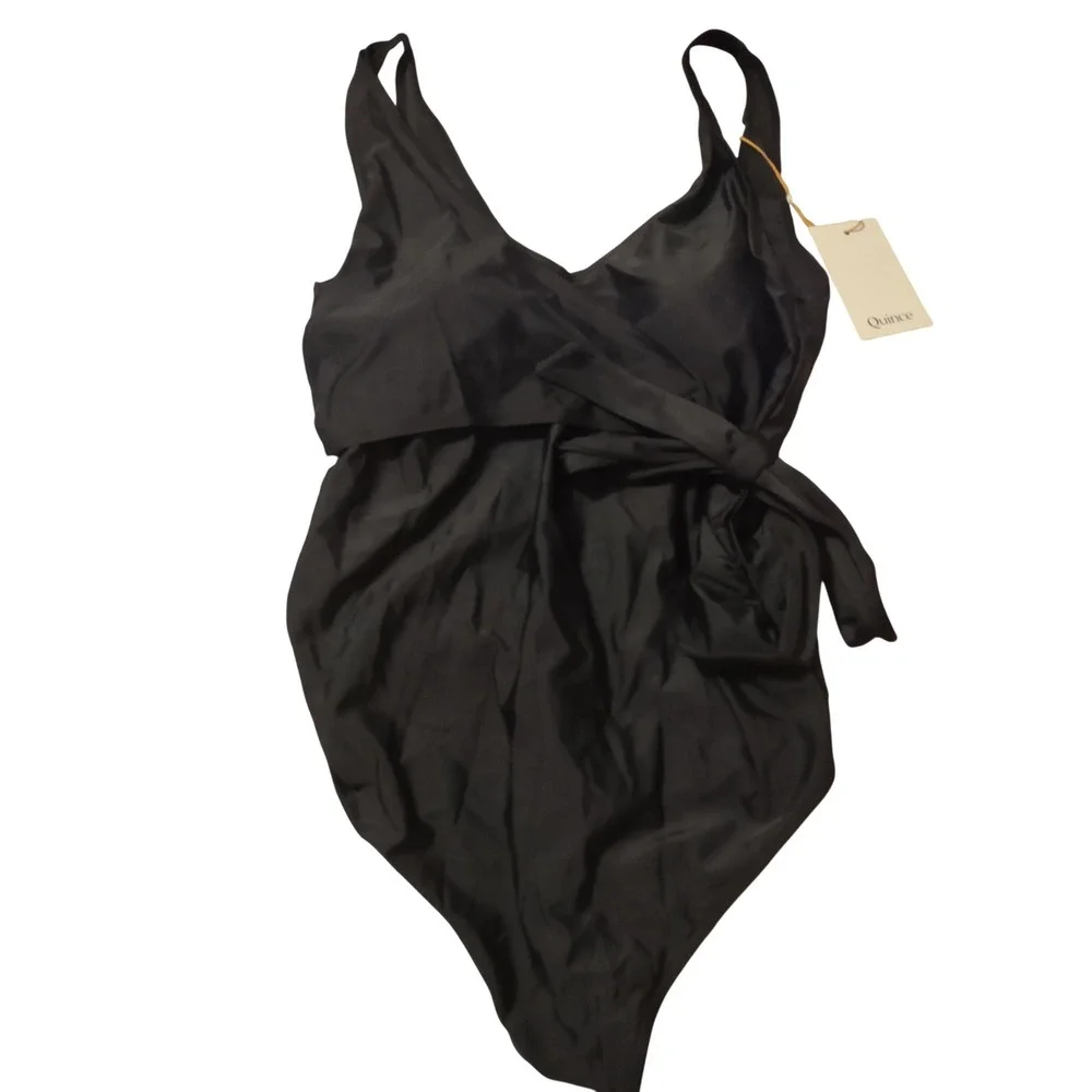 Quince Italian Wrap One Piece Swimsuit Black Recycled Polyamide Size M NWT